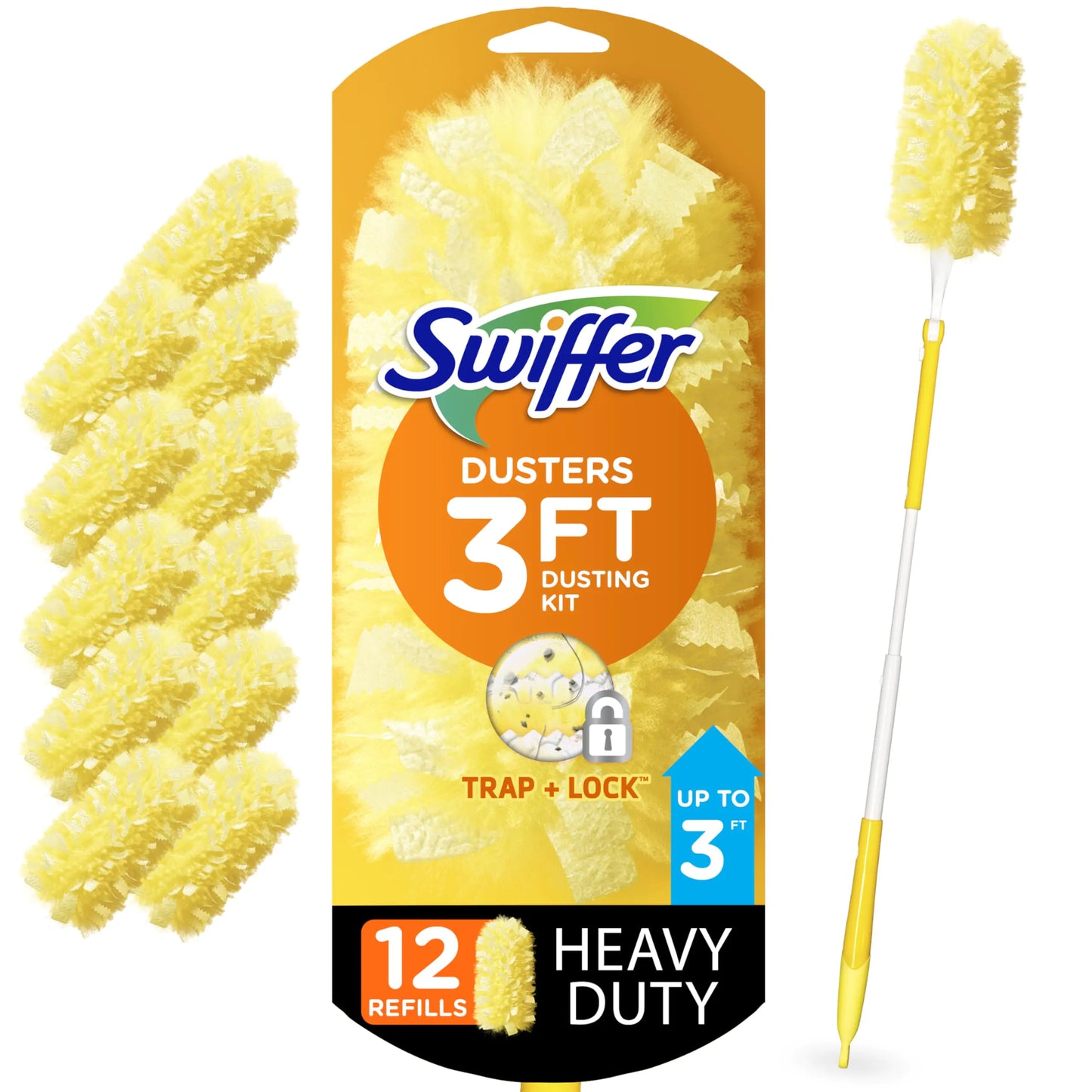 Swiffer Duster Heavy Duty Dusting Kit Cleaning Supplies 3 ft Extended Handle 1 Duster 12 Refills