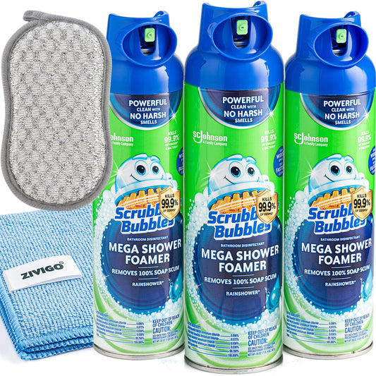 3 Scrubbing-Bubles Mega Shower Foamer Rain shower 20 Ounce (Pack of 3) - Bundle with 1 zvigo-Microfiber Cleaning Cloth + 1 Duvilo Dual Sided Scrubbing Sponge.