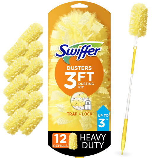 Swiffer Duster Heavy Duty Dusting Kit Cleaning Supplies 3 ft Extended Handle 1 Duster 12 Refills